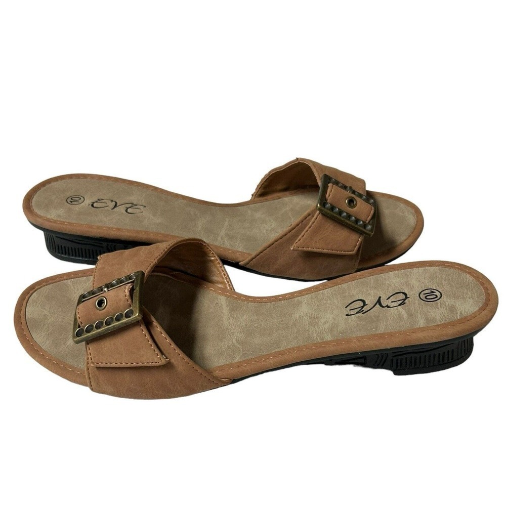 Eve Buckle Sandal Slides Low Heel Camel Color Size 10